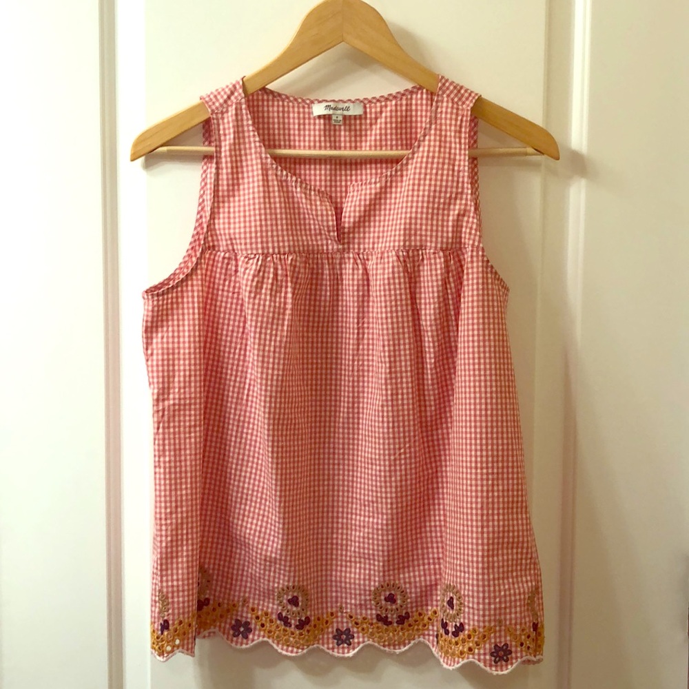 Embroidered gingham tank top